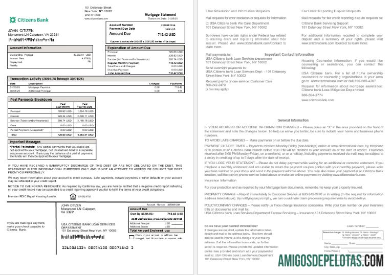 Extrato de hipoteca do USA Citizens Bank em formatos Word e PDF baixar para verificação